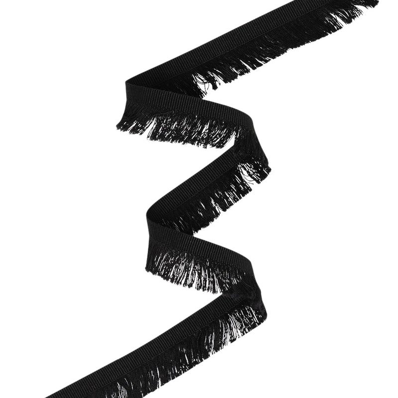 Cotton Grosgrain Ribbon with Fringe Made in Italy - 0.875" - Black