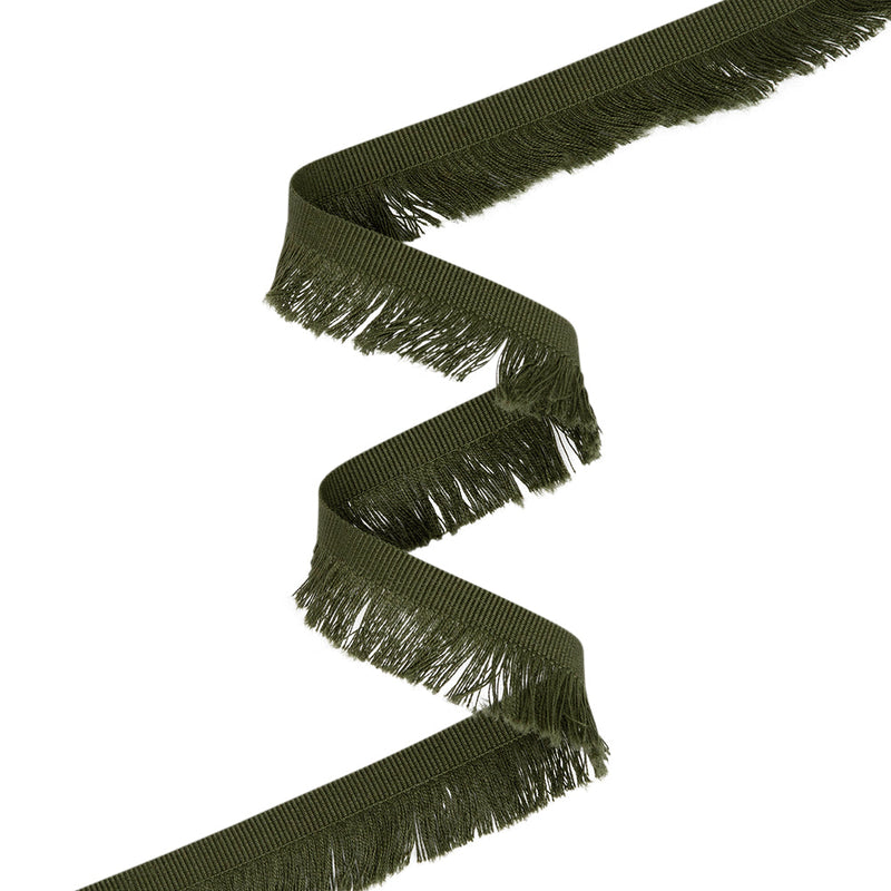 Cotton Grosgrain Ribbon with Fringe Made in Italy - 0.875" - Olive Green