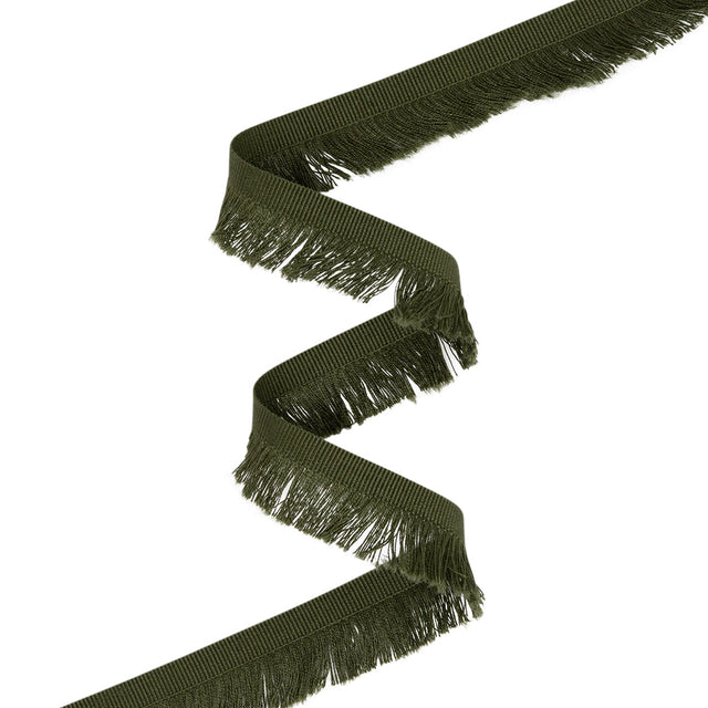 Cotton Grosgrain Ribbon with Fringe Made in Italy - 0.875" - Olive Green