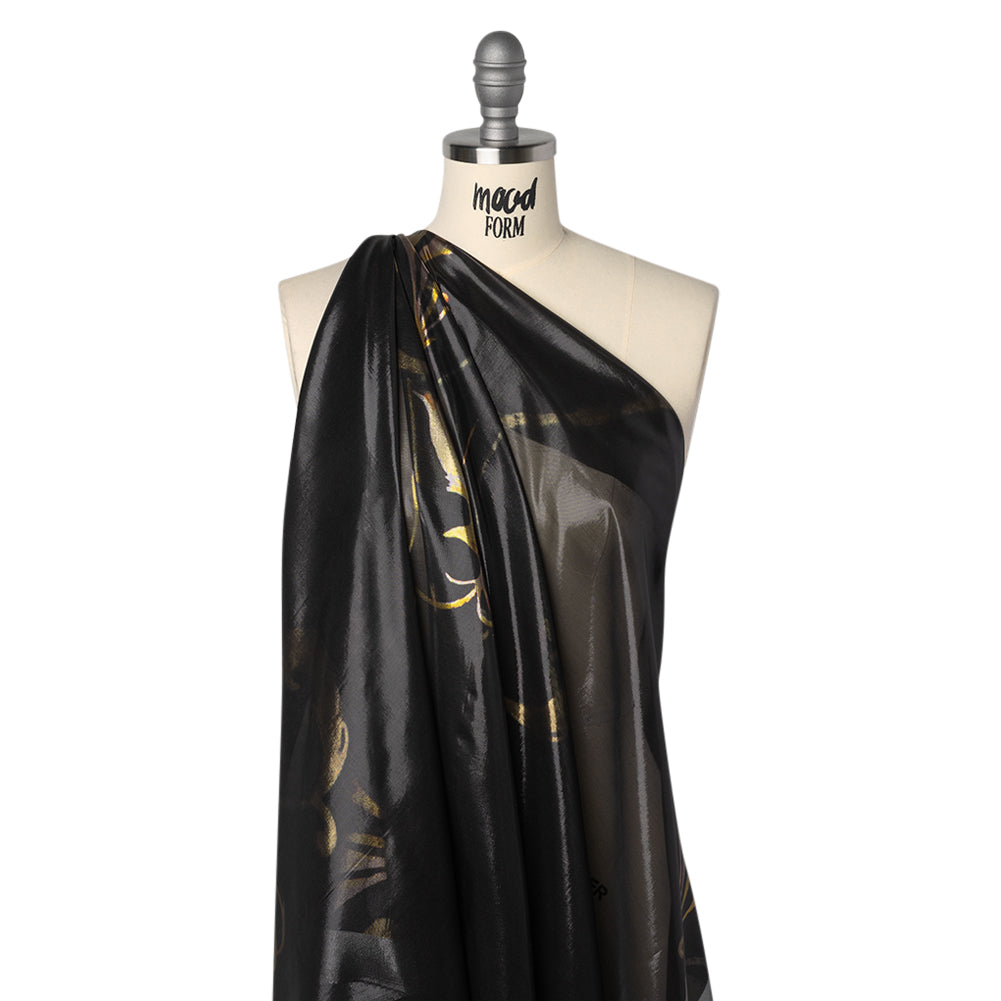 Metallic Silk Lame - Black, Silver and Gold Classical Swirls - Deadstock