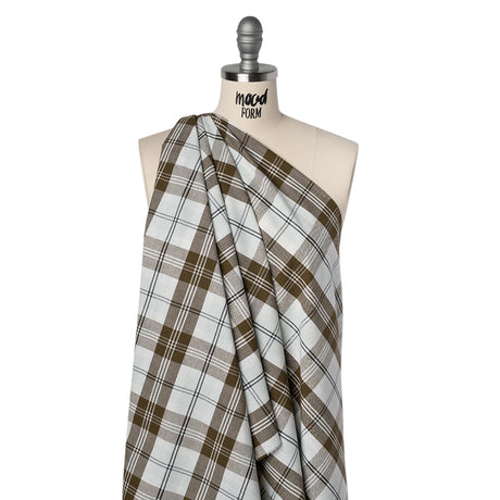 Cotton Oxford Shirting - Palest Aqua, Brown and Black Plaid - Designer Deadstock
