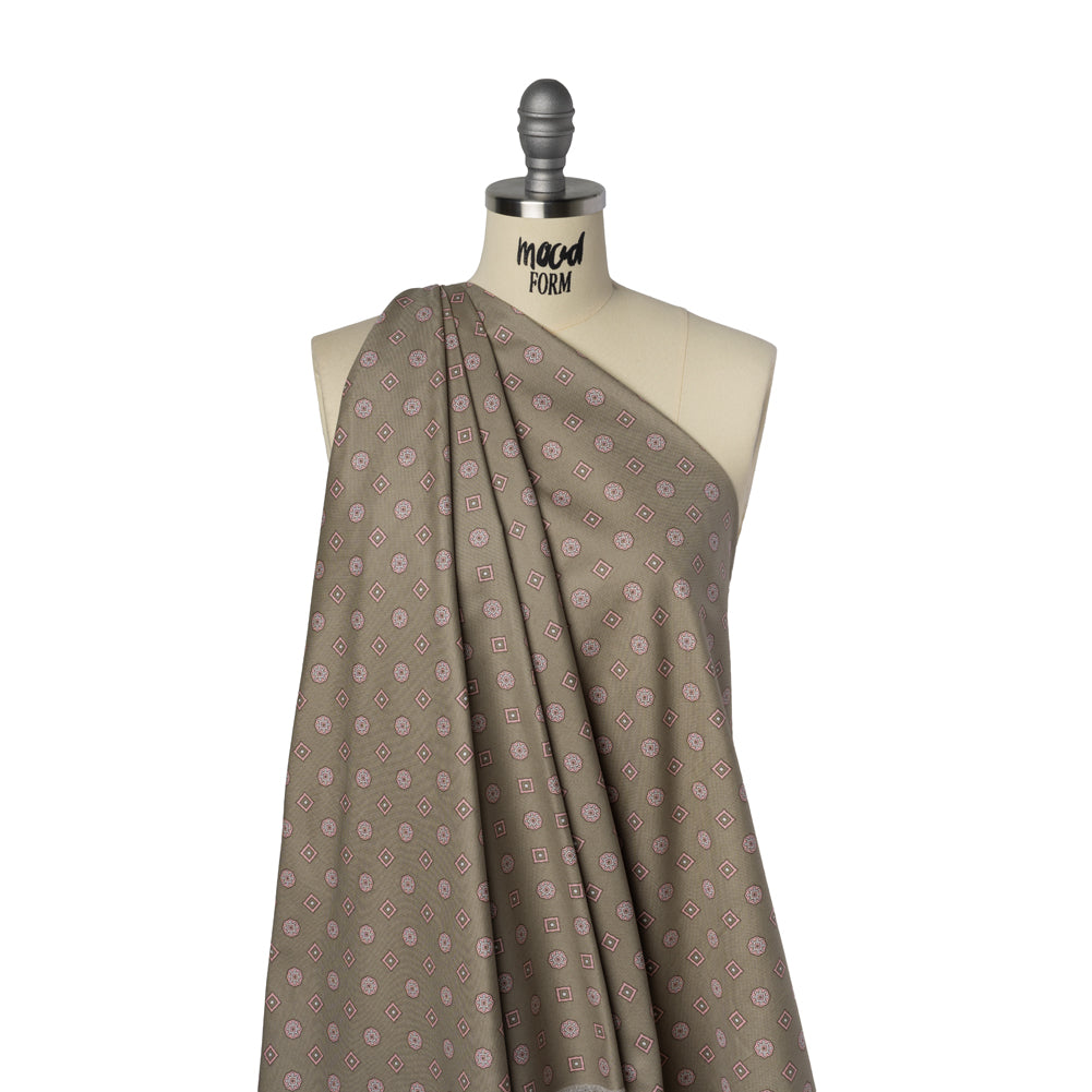 Cotton Oxford Shirting Print - Warm Gray, Baby Pink and White Medallions and Squares - Deadstock