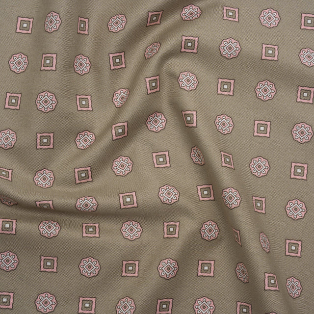 Cotton Oxford Shirting Print - Warm Gray, Baby Pink and White Medallions and Squares - Deadstock