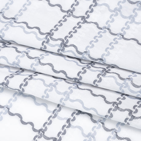 Cotton Jacquard Shirting - Charcoal, Pale Blue and White Wavy Lines Plaid - Deadstock