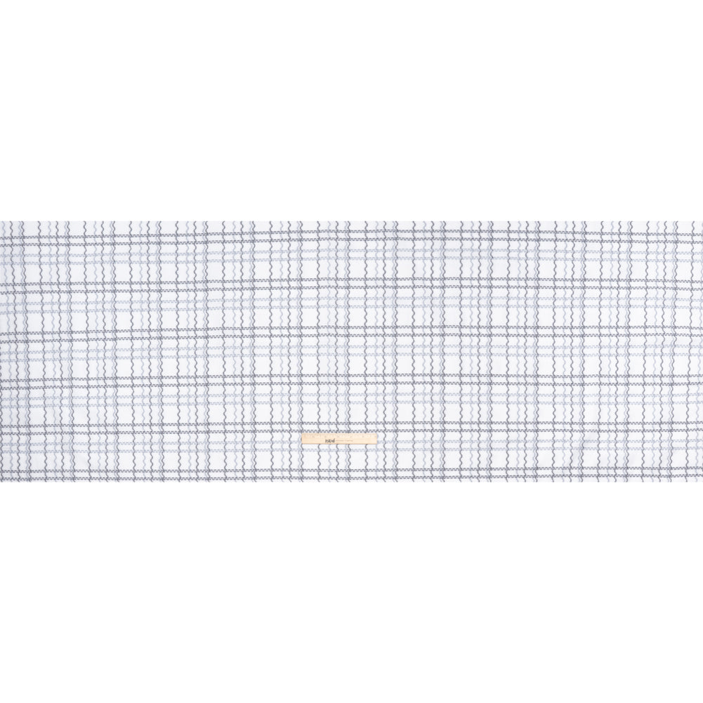 Cotton Jacquard Shirting - Charcoal, Pale Blue and White Wavy Lines Plaid - Deadstock
