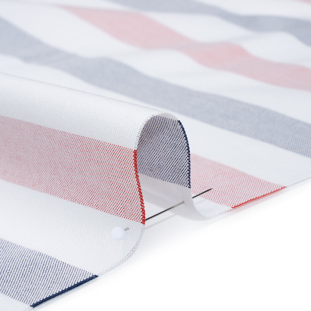 Cotton Oxford Shirting - Red, Midnight Blue and White Awning Stripes - Deadstock