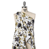 Stretch Cotton French Terry - Olive, Black and White Abstract Roses Print - Deadstock