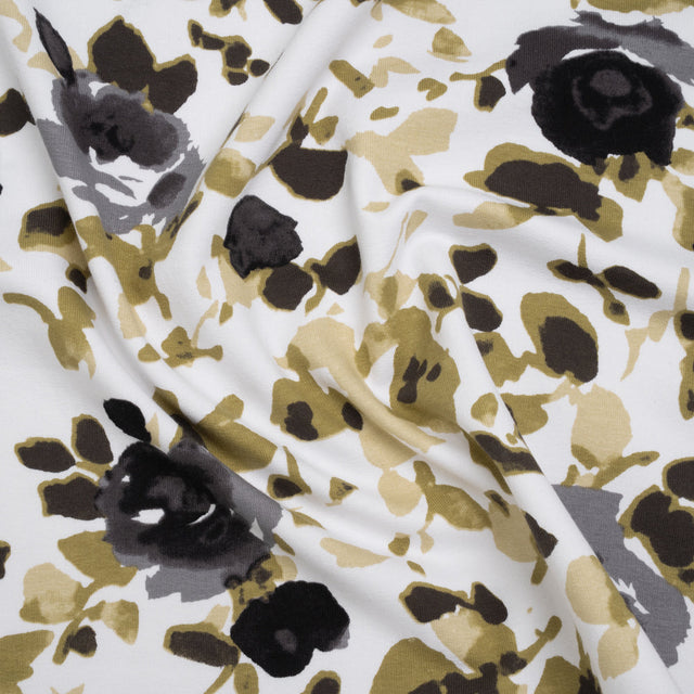 Stretch Cotton French Terry - Olive, Black and White Abstract Roses Print - Deadstock