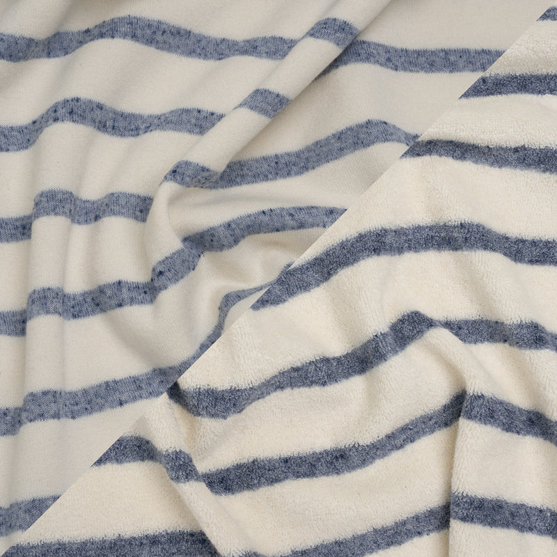 Plush Cotton Blend French Terry - Muted Blue and Off White Stripes - Deadstock