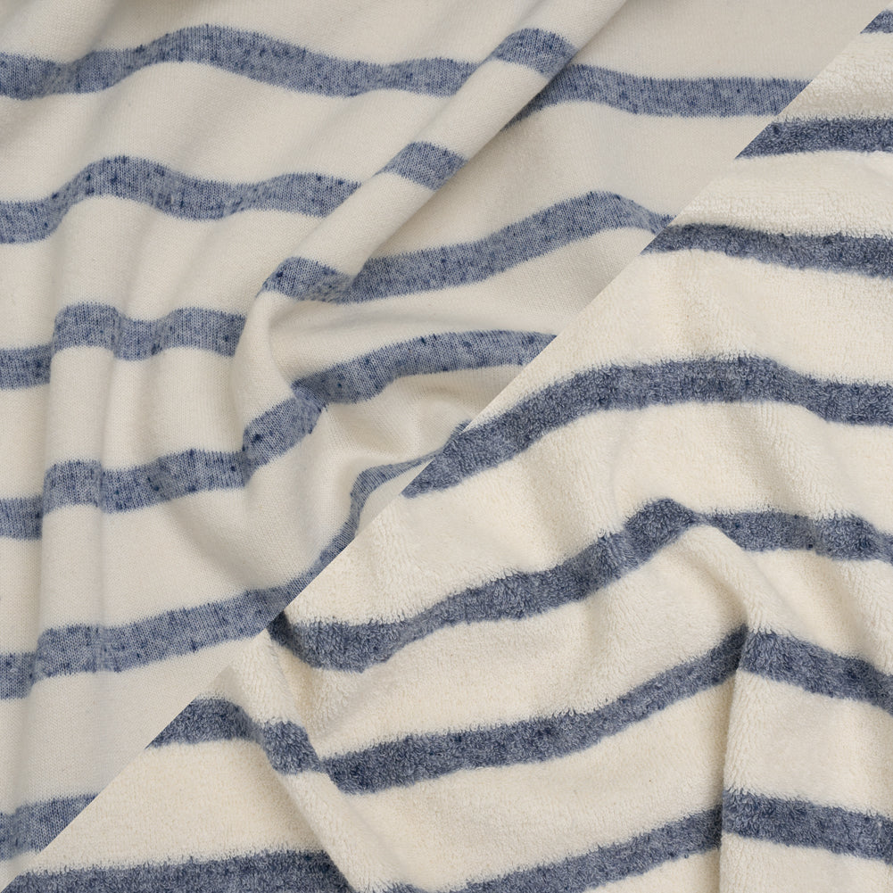 Plush Cotton Blend French Terry - Muted Blue and Off White Stripes - Deadstock