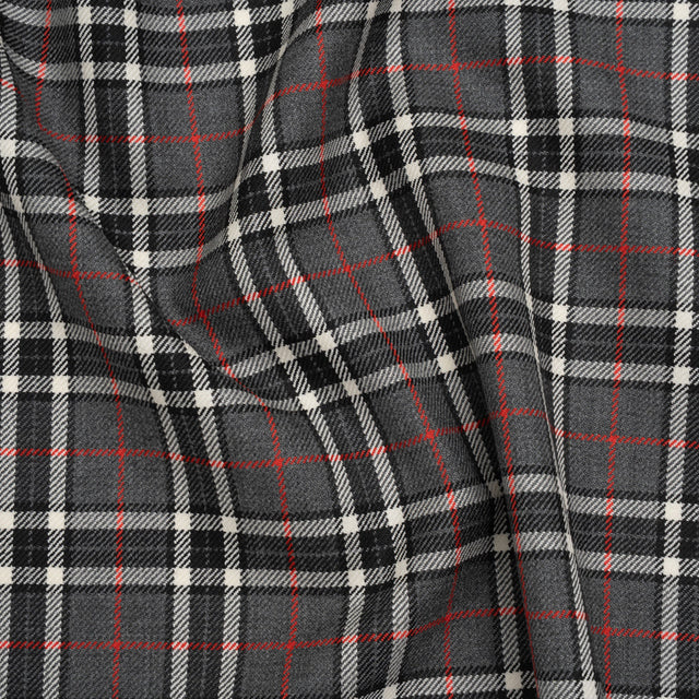 Virgin Wool Twill Made in Italy - Gray, Black and Red Classic Plaid