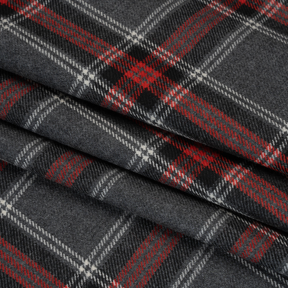 Virgin Wool Twill Made in Italy - Heathered Gray and Red Plaid