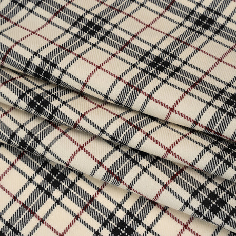Virgin Wool Twill Made in Italy - Off White, Black and Wine Red Plaid
