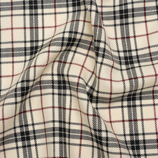 Virgin Wool Twill Made in Italy - Off White, Black and Wine Red Plaid