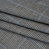 Brushed Virgin Merino Wool Twill - Black, White and Sky Blue Glen Plaid