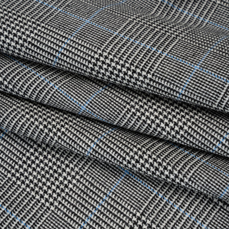 Brushed Virgin Merino Wool Twill - Black, White and Sky Blue Glen Plaid