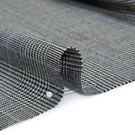 Brushed Virgin Merino Wool Twill - Black, White and Sky Blue Glen Plaid