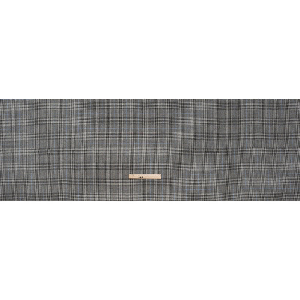 Brushed Virgin Merino Wool Twill - Black, White and Sky Blue Glen Plaid