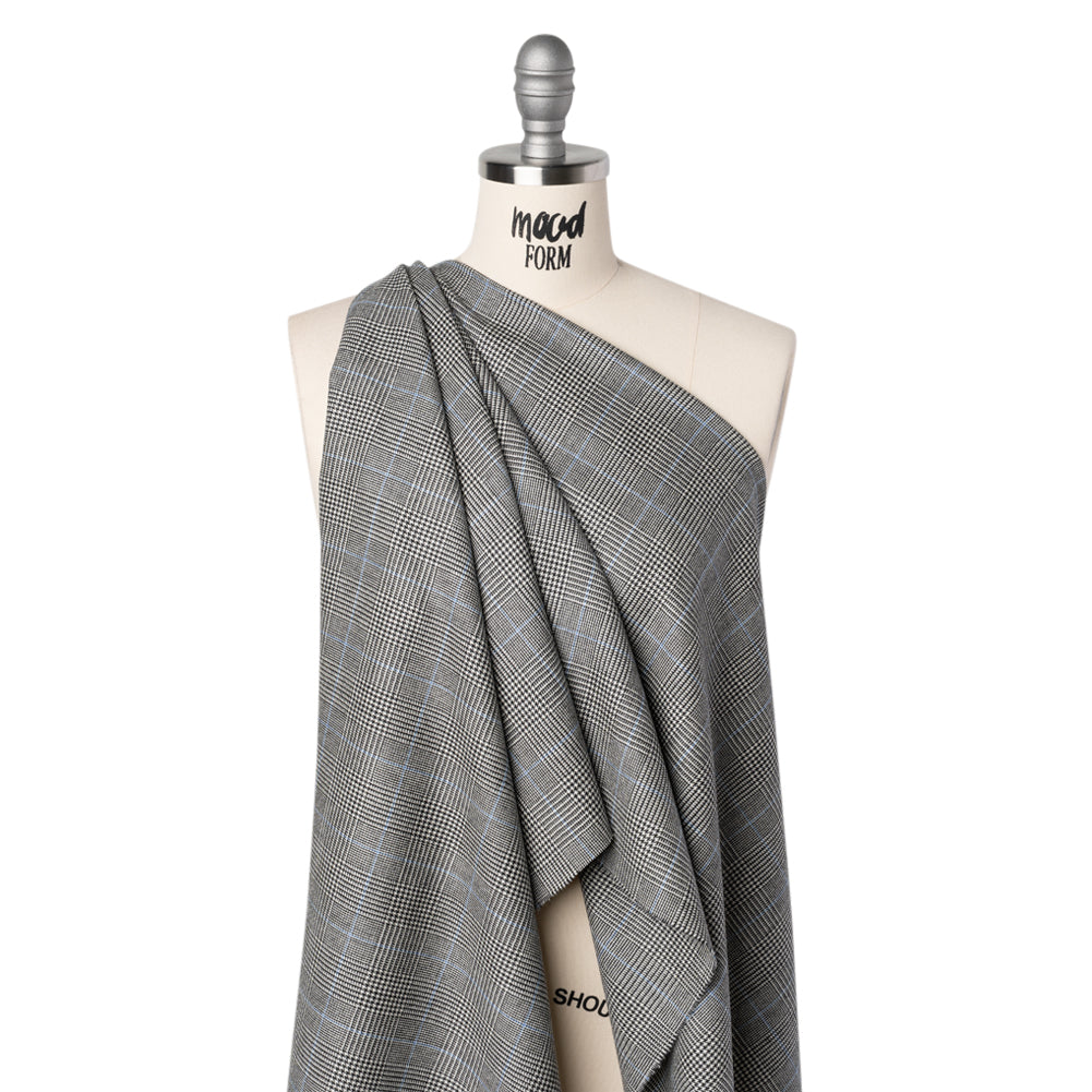 Brushed Virgin Merino Wool Twill - Black, White and Sky Blue Glen Plaid