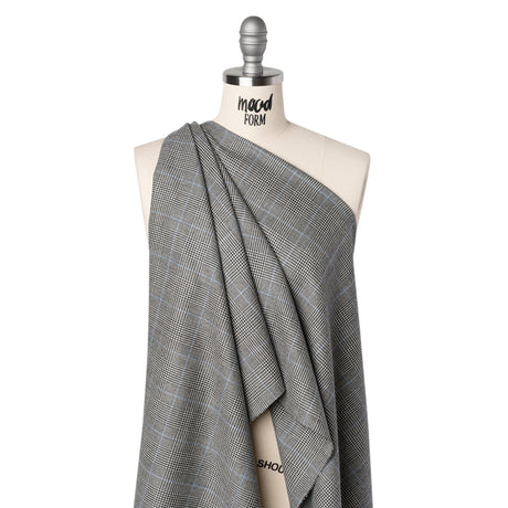 Brushed Virgin Merino Wool Twill - Black, White and Sky Blue Glen Plaid