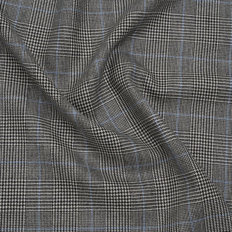 Brushed Virgin Merino Wool Twill - Black, White and Sky Blue Glen Plaid