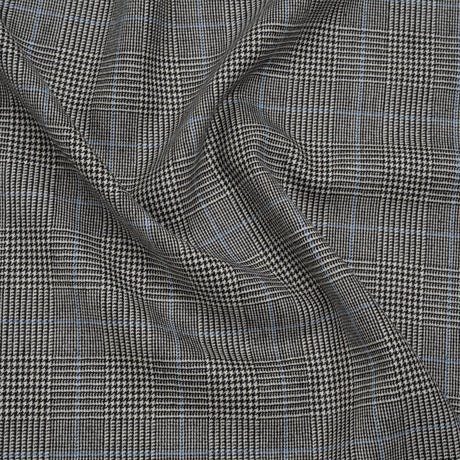 Brushed Virgin Merino Wool Twill - Black, White and Sky Blue Glen Plaid