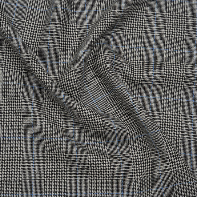 Brushed Virgin Merino Wool Twill - Black, White and Sky Blue Glen Plaid