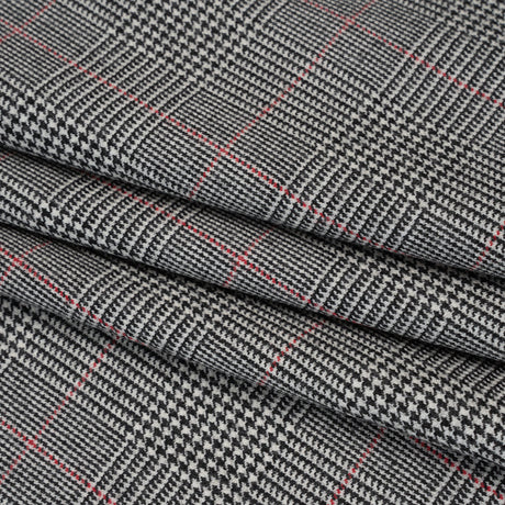 Brushed Virgin Merino Wool Twill - Black, White and Red Glen Plaid