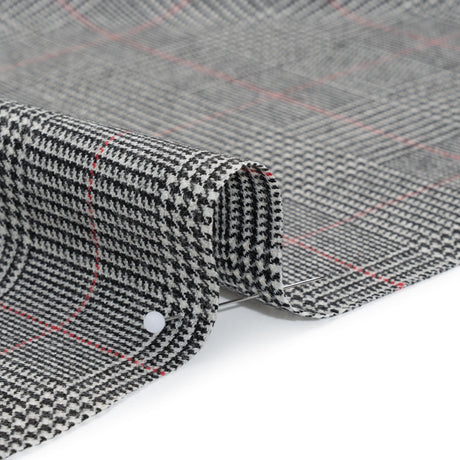 Brushed Virgin Merino Wool Twill - Black, White and Red Glen Plaid