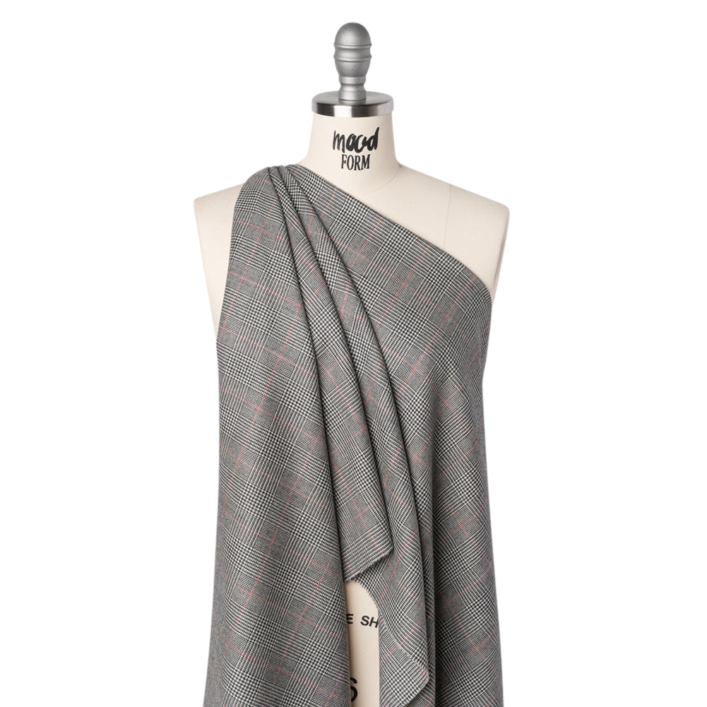 Brushed Virgin Merino Wool Twill - Black, White and Red Glen Plaid