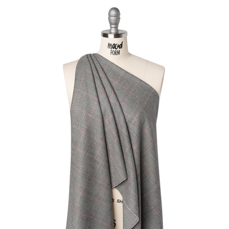 Brushed Virgin Merino Wool Twill - Black, White and Red Glen Plaid