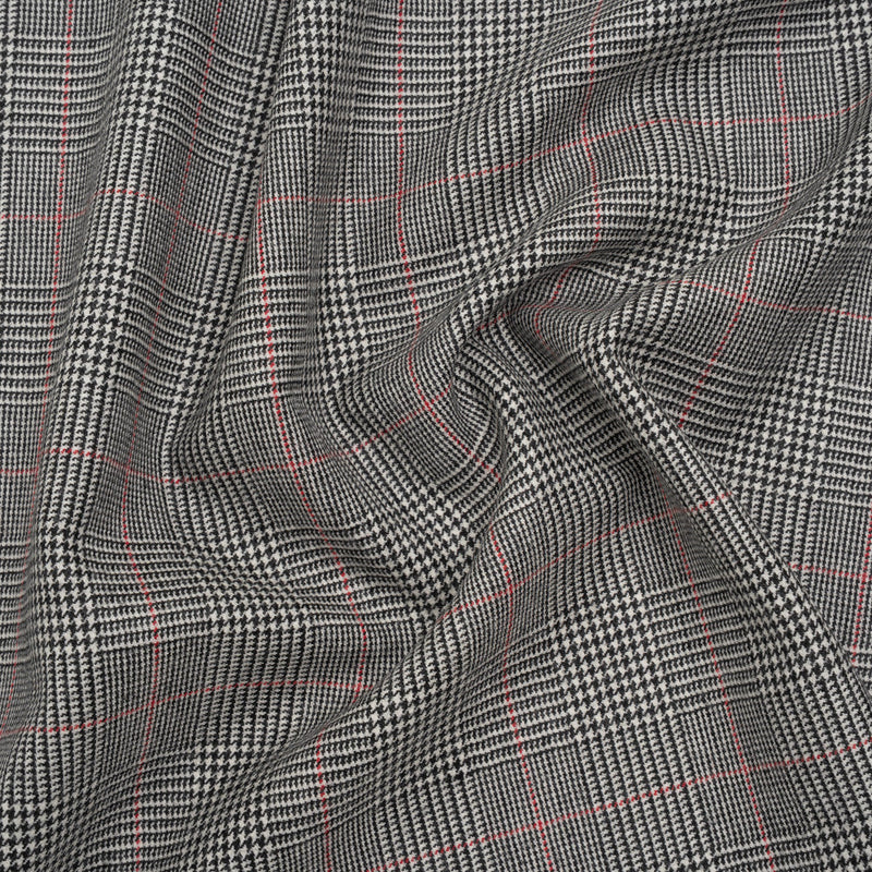 Brushed Virgin Merino Wool Twill - Black, White and Red Glen Plaid