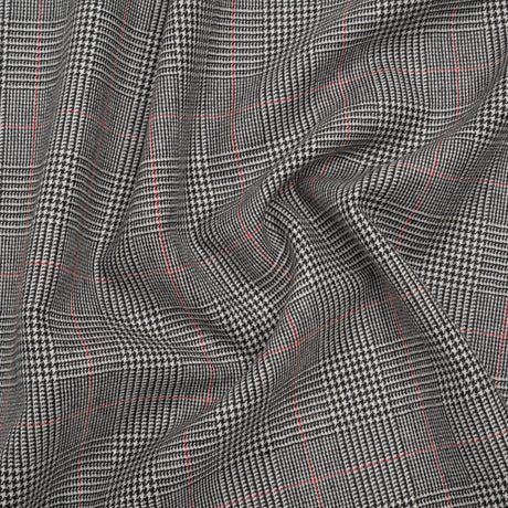 Brushed Virgin Merino Wool Twill - Black, White and Red Glen Plaid