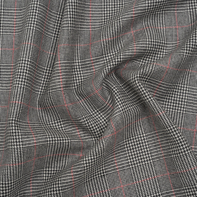 Brushed Virgin Merino Wool Twill - Black, White and Red Glen Plaid