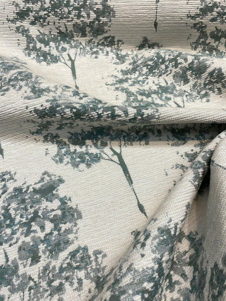 Trees Curb Appeal Chenille Upholstery Fabric - Aqua Blue, Off White Trees, 58" Width (1 Yard)