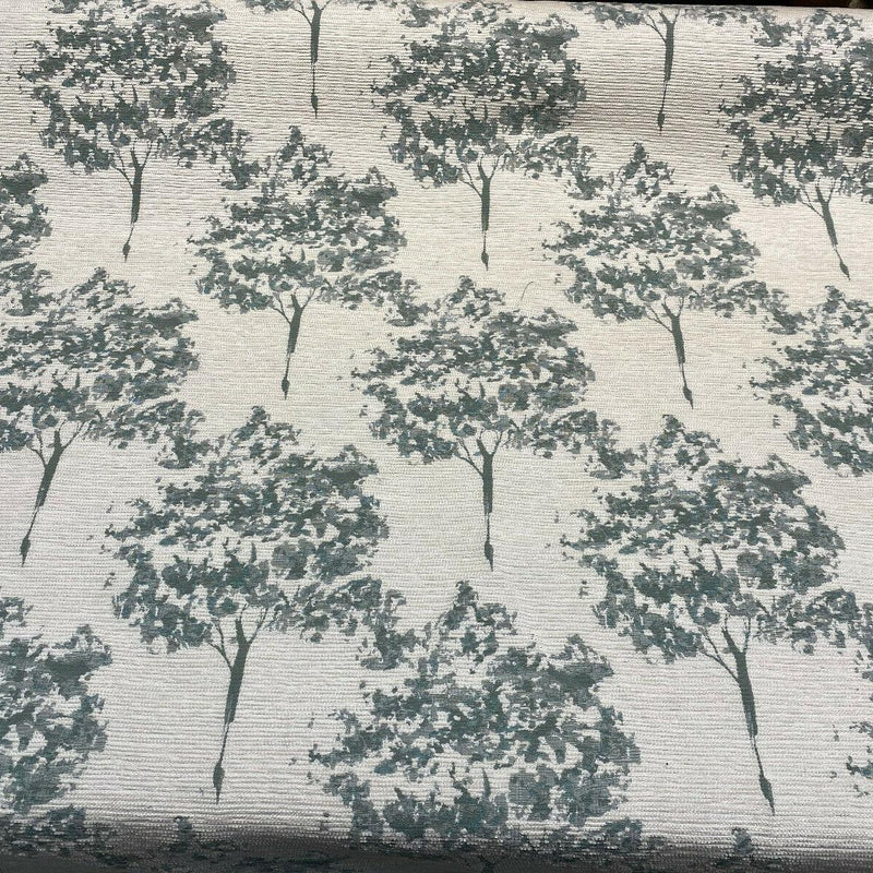 Trees Curb Appeal Chenille Upholstery Fabric - Aqua Blue, Off White Trees, 58" Width (1 Yard)