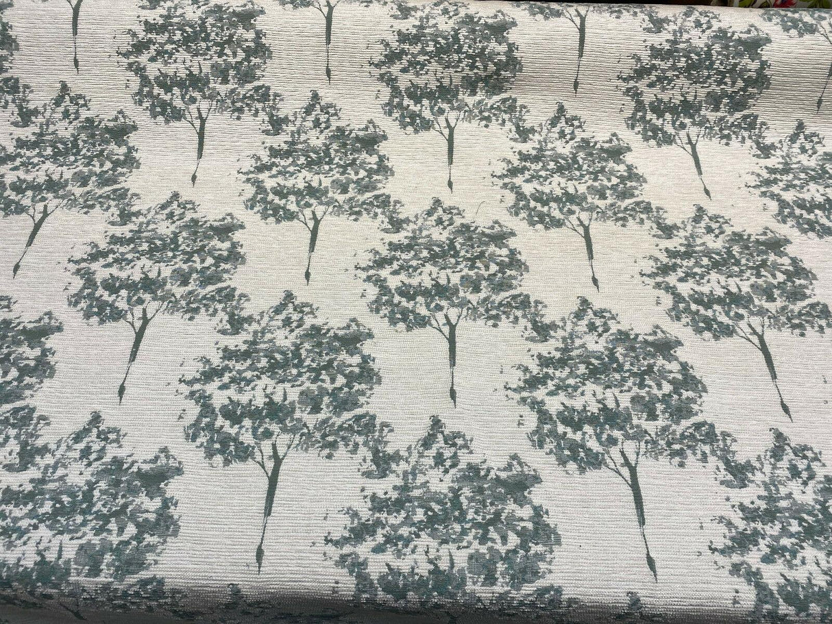 Trees Curb Appeal Chenille Upholstery Fabric - Aqua Blue, Off White Trees, 58" Width (1 Yard)