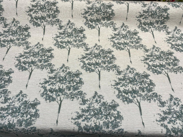 Trees Curb Appeal Chenille Upholstery Fabric - Aqua Blue, Off White Trees, 58" Width (1 Yard)