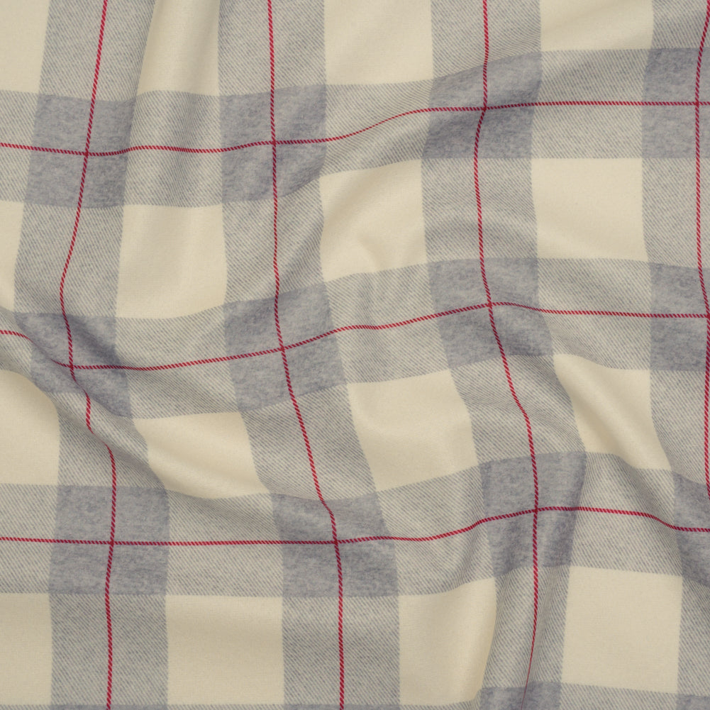 Brushed Recycled Polyester Jersey - Cream, Gray and Red Twill Plaid - Deadstock