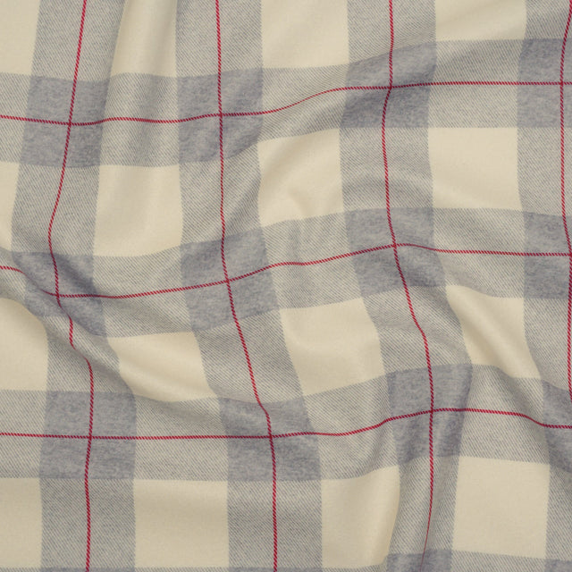 Brushed Recycled Polyester Jersey - Cream, Gray and Red Twill Plaid - Deadstock