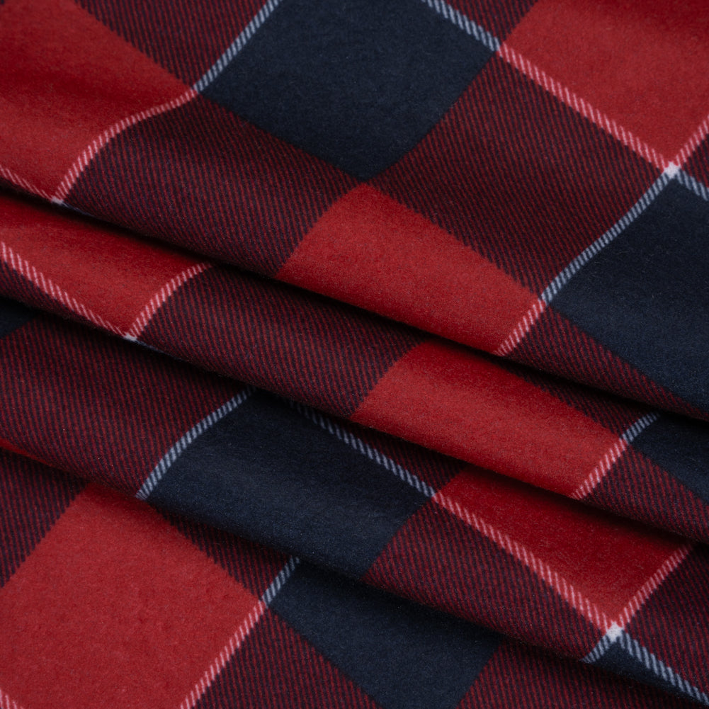 Brushed Recycled Polyester Jersey - Red and Navy Blue Twill Plaid - Deadstock
