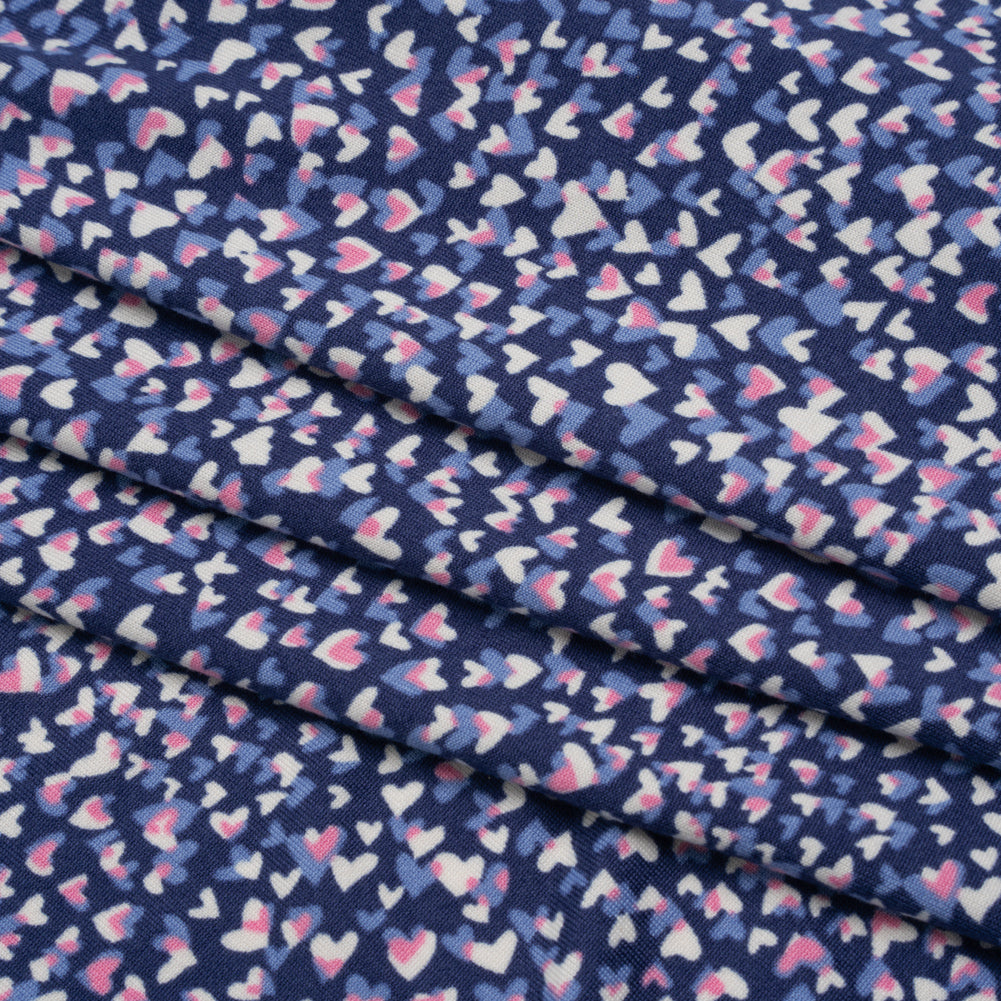 Stretch Polyester ITY Jersey - Blue, Periwinkle and Pink Explosion of Hearts - Deadstock