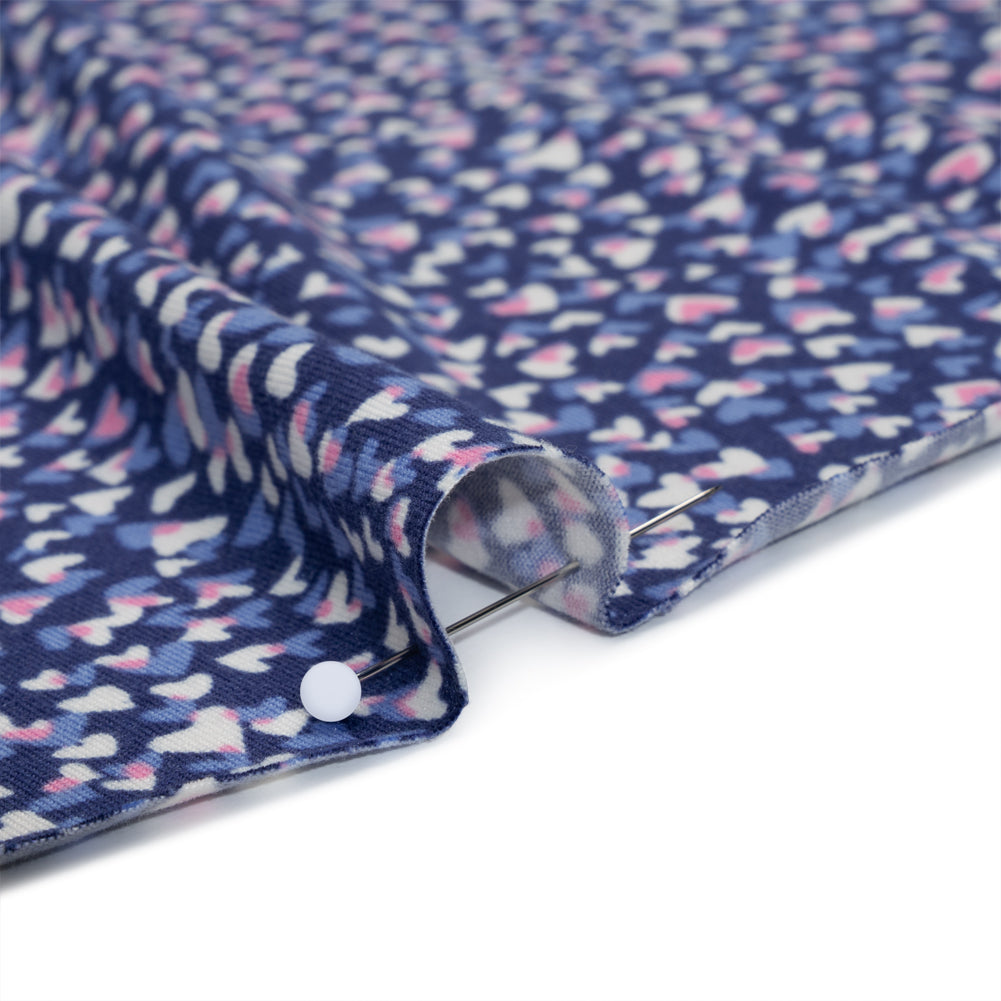 Stretch Polyester ITY Jersey - Blue, Periwinkle and Pink Explosion of Hearts - Deadstock