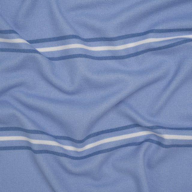 Brushed Stretch Polyester Sweater Knit - Country Blue and White Stripes - Deadstock