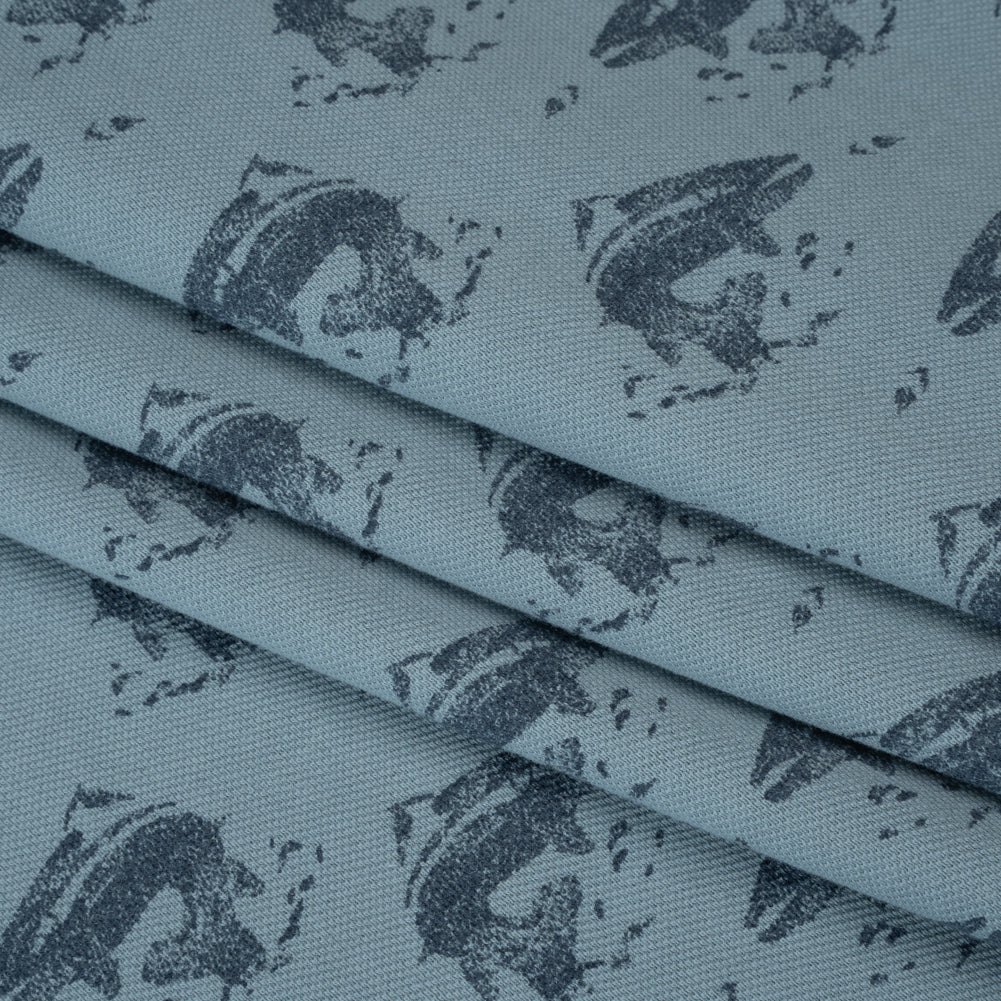 Cotton Pique Knit Print - Navy and Dusty Blue Whales - Deadstock