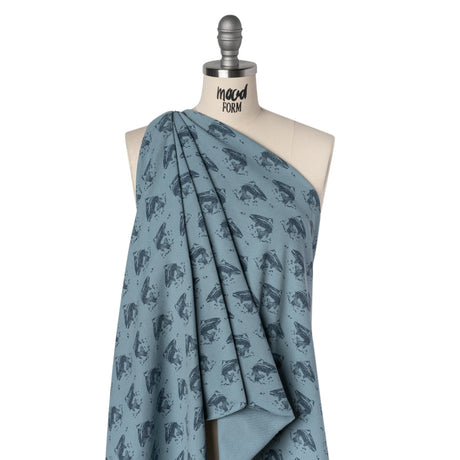 Cotton Pique Knit Print - Navy and Dusty Blue Whales - Deadstock
