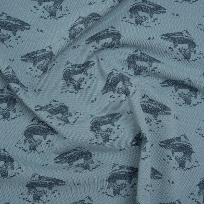 Cotton Pique Knit Print - Navy and Dusty Blue Whales - Deadstock