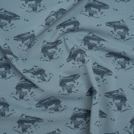 Cotton Pique Knit Print - Navy and Dusty Blue Whales - Deadstock