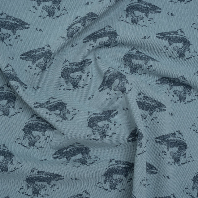 Cotton Pique Knit Print - Navy and Dusty Blue Whales - Deadstock