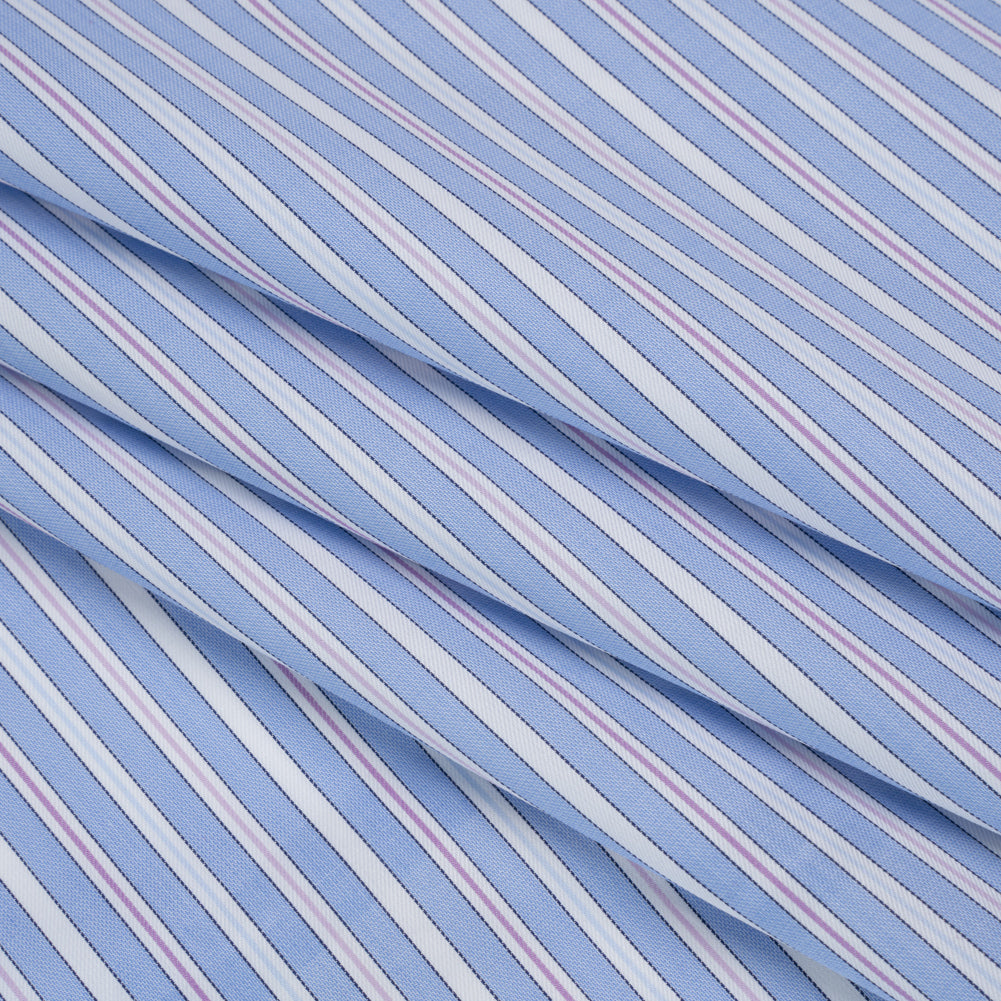 Cotton Twill Shirting - Air Blue, Lavender and White Stripes - Deadstock
